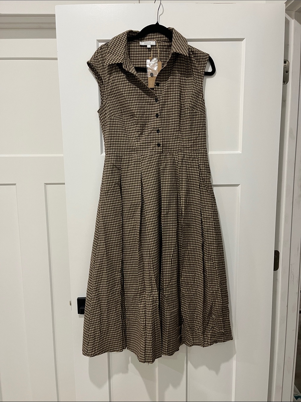 Rihoas NWT Brown Plaid Button Down Pleated Midi Dress S - Picture 2 of 14